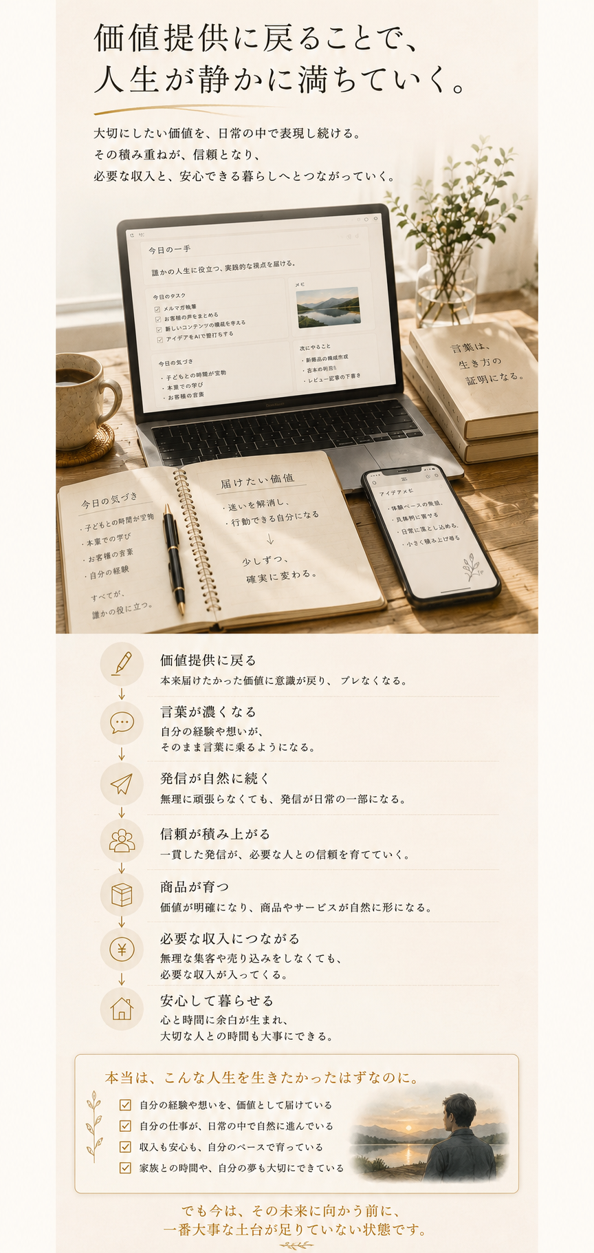 価値提供が信頼と必要な収入と安心できる暮らしへつながる流れ